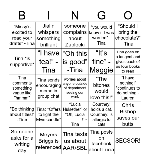 We Love you Tina! Bingo Card