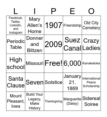 P.E.O. Holiday Bingo! Bingo Card