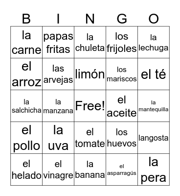 Spanish Food Vocabulary  Bingo Card