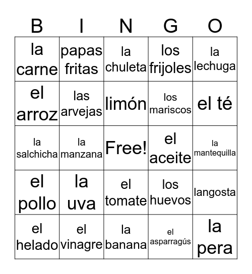 Spanish Food Vocabulary  Bingo Card
