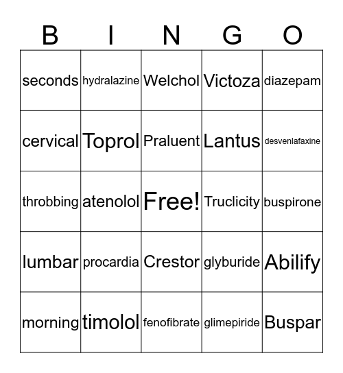 Medical Bingo Card