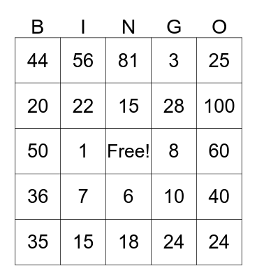 Multiplication Bingo Card