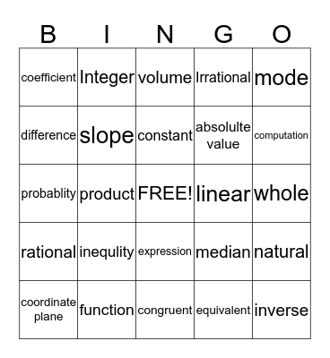 Math Vocabulary Bingo Card