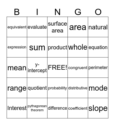 Math Vocabulary Bingo Card