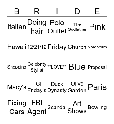 Crystal's Bridal Shower Bingo Card