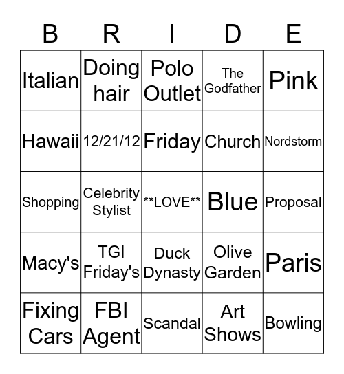 Crystal's Bridal Shower Bingo Card