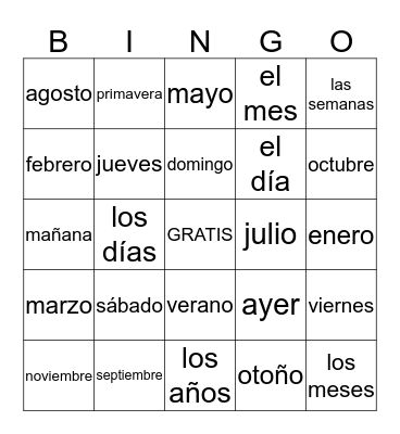 Días, meses, y estaciones Bingo Card