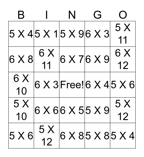 5 and 6 TIMES TABLES Bingo Card