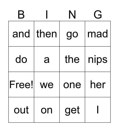 Sight Word BINGO Card