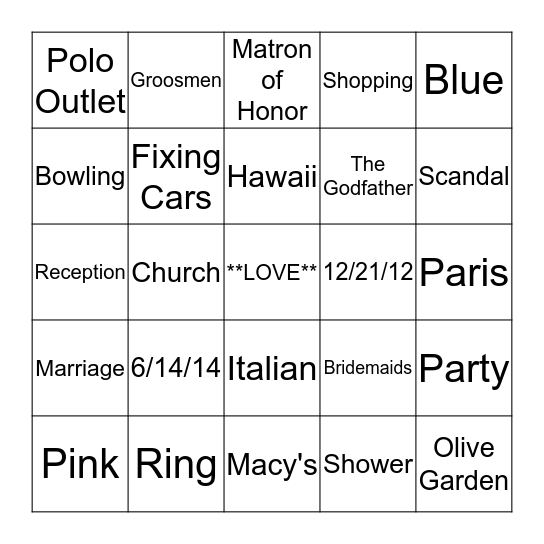 Crystal's Bridal Shower Bingo Card