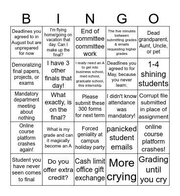 Department Faculty Forum End-of-Semester Bingo Card