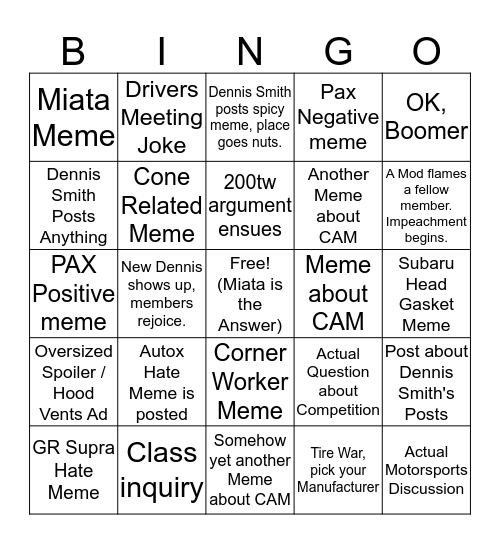 SCCA Members FaceTube Bingo Card