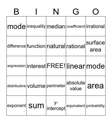 Math Vocabulary Bingo Card