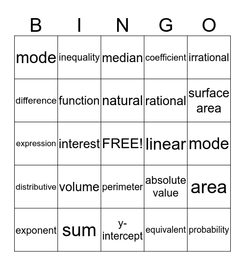 Math Vocabulary Bingo Card