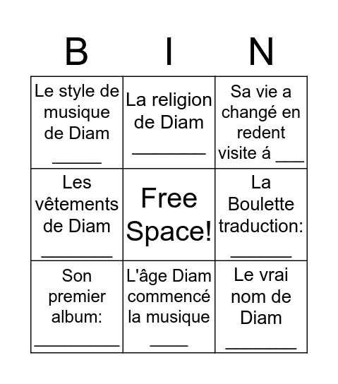 Diam's Bingo Card
