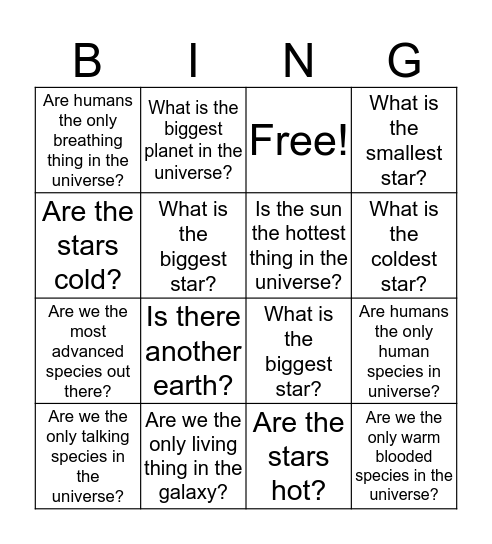 The Universe and Its Stars Bingo Card