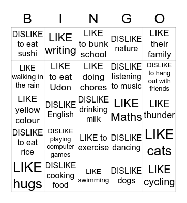 LIKE & DISLIKE Bingo Card