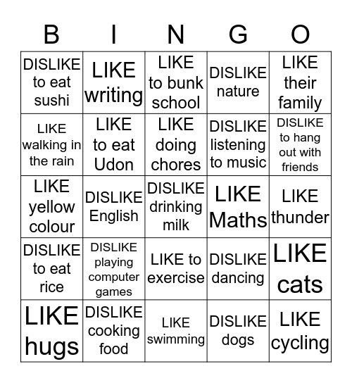 LIKE & DISLIKE Bingo Card
