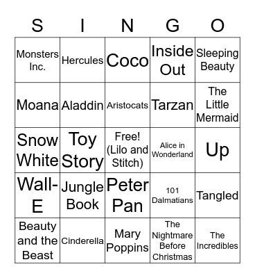 Disney SINGO Bingo Card