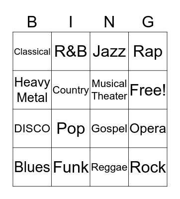Music Genre Bingo Card