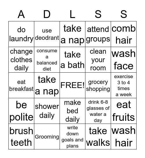 ADLs Bingo Card