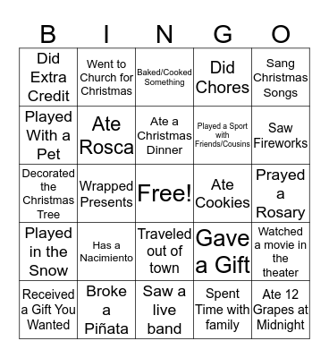 Winter Break Bingo Card