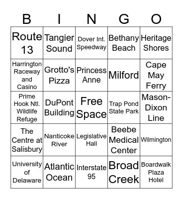 Delmarva's Places Bingo Card