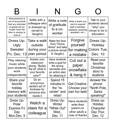 BHS Holiday Bingo Card