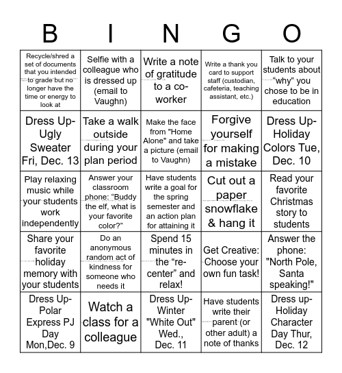 BHS Holiday Bingo Card
