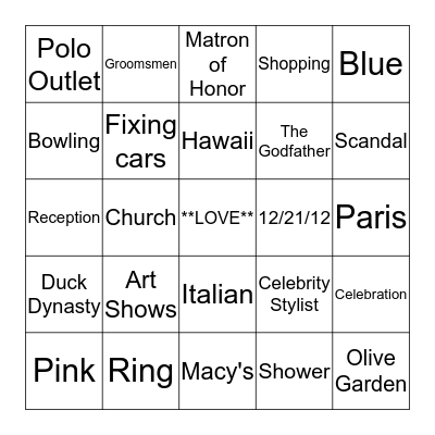 Crystal's Bridal Shower Bingo Card