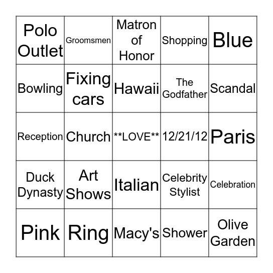 Crystal's Bridal Shower Bingo Card