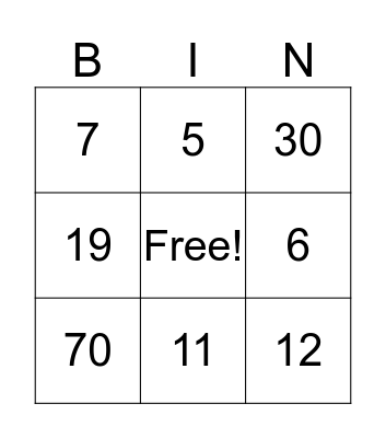 Number Bingo Card