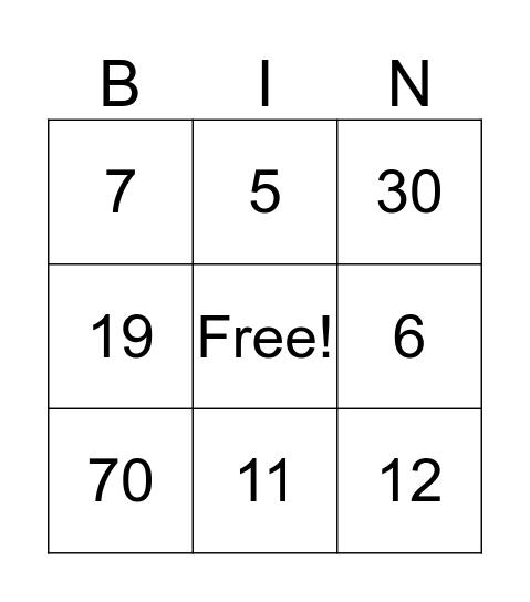 Number Bingo Card