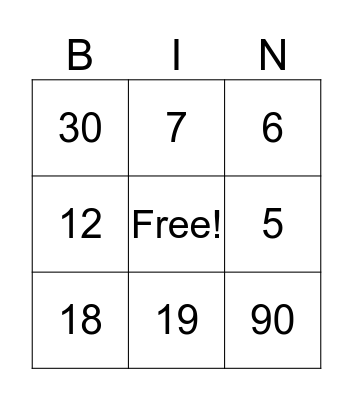 Number Bingo Card