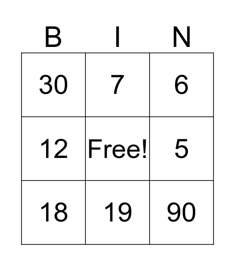 Number Bingo Card