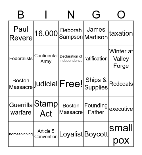 American Revolution Bingo Card