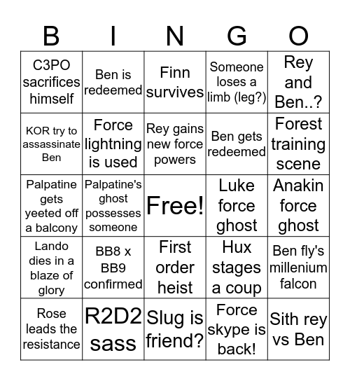 Star wars Bingo Card