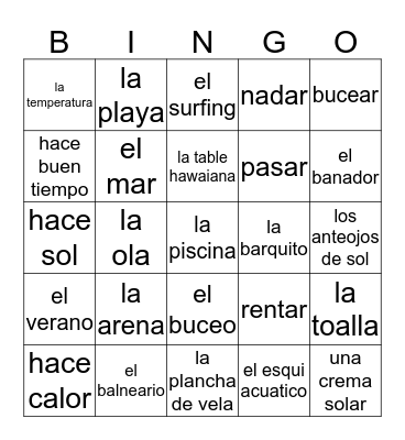 vocabulario de verano Bingo Card