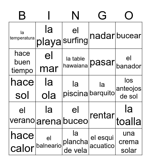 vocabulario de verano Bingo Card