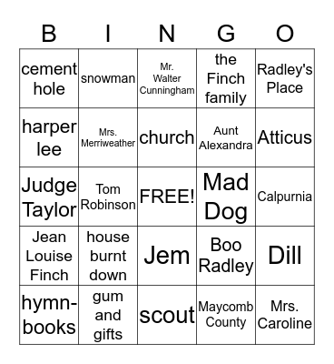 To Kill A Mockingbird Bingo Card