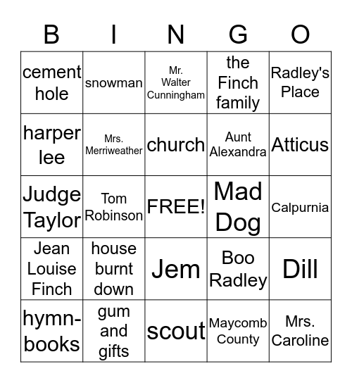 To Kill A Mockingbird Bingo Card