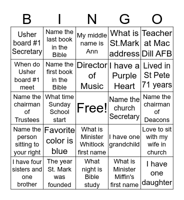 St. Mark Bingo Usher Board #1 Bingo Card