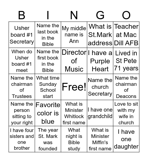 St. Mark Bingo Usher Board #1 Bingo Card