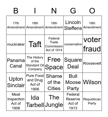 Progressive Era Bingo Card