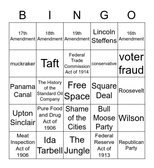 Progressive Era Bingo Card