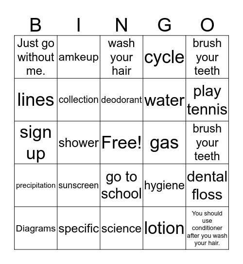 Unit 4: Wants and Needs & Healthy Habits Bingo Card