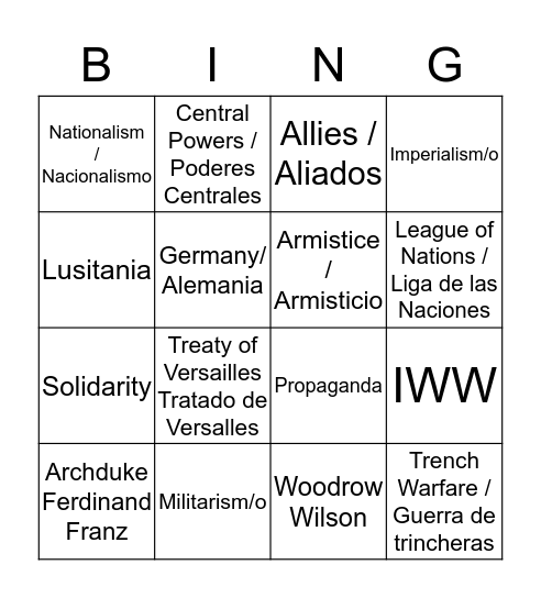 WW1 Unit 4 Bingo Card
