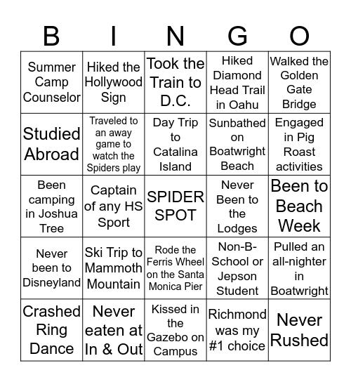 Best Coast Bingo for Spiders Bingo Card