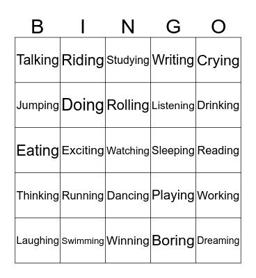 Action words Bingo Card