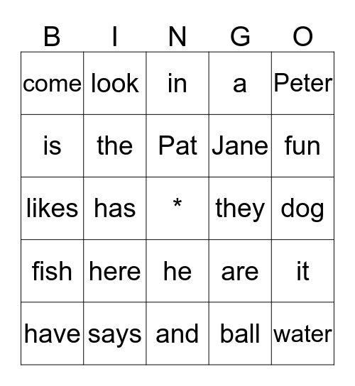 Peter and Jane Bingo Card